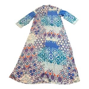 Natori Blue Multicolor Floral Print Maxi Caftan Dress Long Sleeve Boho Medium